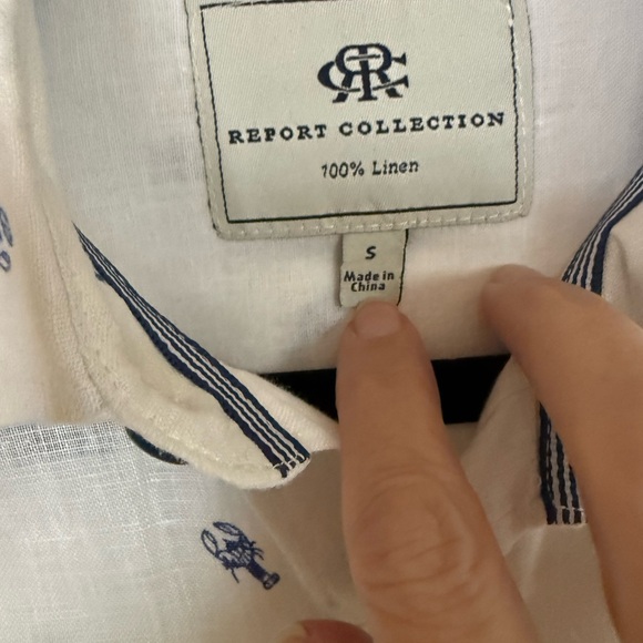 Report Collection Men’s White and Blue Linen Button Down Shirt w Lobsters - Picture 2 of 5
